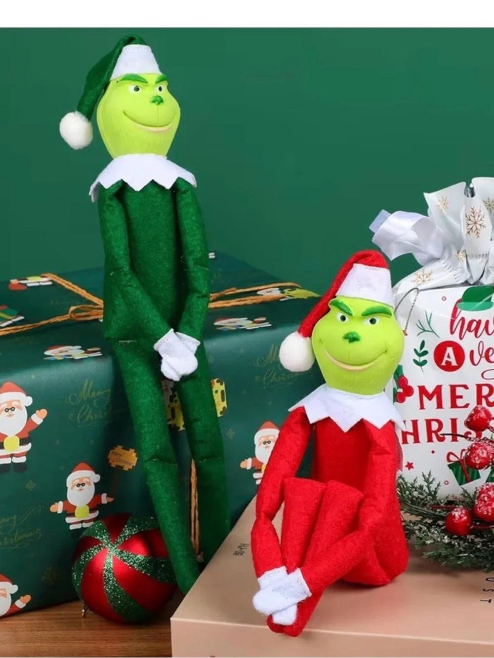 Grinch green Elf Doll Plush with White Collar and Hat shelf sitter New